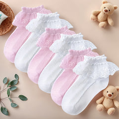 6 Pairs Girls Lace Socks Princess Style Ruffle Ankle Socks for Kids & Toddlers Thickened All-Season Design