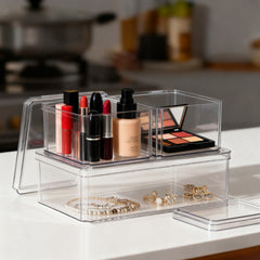 3-Piece Set of Transparent Stackable Storage Containers with Lids, Cosmetics and Jewelry Storage Box, Multi-functional Home Storage Box for Bathrooms, Bedrooms, Living Rooms and Kitchens and Picnic Use