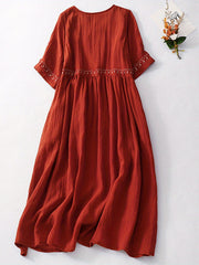 Women'S Long Dress, Elegant Short Sleeve Crew Neck Embroidered Loose Summer Casual Dress