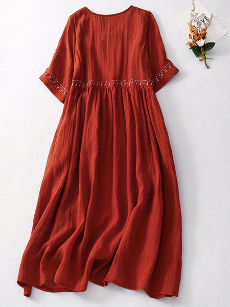 Women'S Long Dress, Elegant Short Sleeve Crew Neck Embroidered Loose Summer Casual Dress