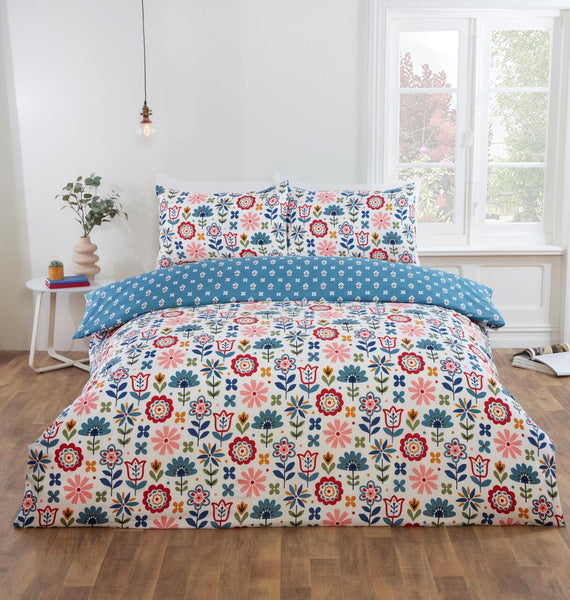 Petal Parade Floral Duvet Cover Set | Reversible Scandinavian Folk Bloom Design in Multicolour & Blue | Soft Microfibre 180 Thread Count | Includes Pillowcases – Breathable & Easy-Care Bedding – Single, Double, King Sizes | Machine Washable | Fast Dispatc