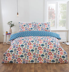Petal Parade Floral Duvet Cover Set | Reversible Scandinavian Folk Bloom Design in Multicolour & Blue | Soft Microfibre 180 Thread Count | Includes Pillowcases – Breathable & Easy-Care Bedding – Single, Double, King Sizes | Machine Washable | Fast Dispatc