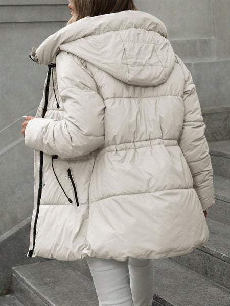 Women'S Thickened Warm Hooded Jacket for Autumn & Winter - Featuring Zipper, Fashionable Casual Adjustable Waistband, Mid-Length Puffy Coat, Suitable for Cold Autumn & Winter Days, Daily Commuting, Outdoor Activities