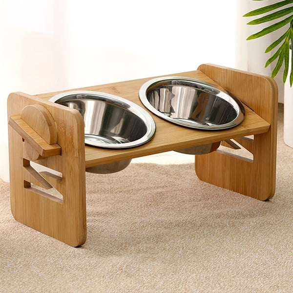 Stainless Steel Double Bowl Feeding Station with Non-Slip Bamboo Base - Ergonomic Design for Easy Access, Perfect for Dogs and Cats, Pet Feeding Station, Pet Food Storage, Modern Petware, Durable Petware