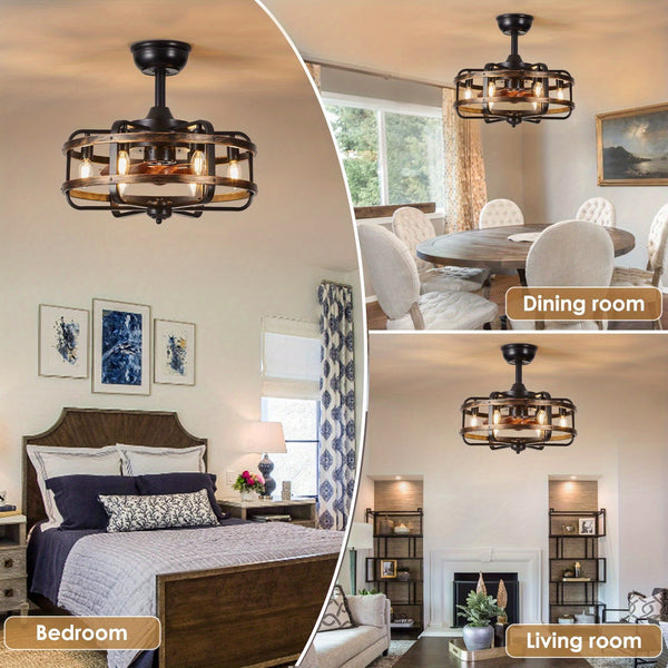 Caged Farmhouse Ceiling Fan with Light, 45.72cm Reversible 3 Wind Speed Industrial Ceiling Fan with 2 Down Rods, 1/2/4 Timing Quiet Flush Mount Rustic Ceiling Fan with Remote Control for Bedroom, Living Room, Dining Room, Kitchen