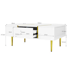 Marble Patterned Countertop Coffee Table with Gold Lines Rectangular Side Table, 2 Drawers, Modern Living Room Coffee Table
