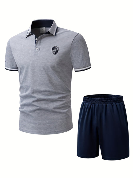 Men'S Polo Shirt Fashion Casual Set Pique Mesh Letter Pattern Top And Bottom