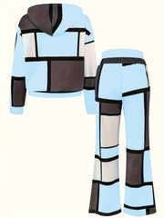 Casual Color Block 2pcs Set, Long Sleeve Hooded Top And Drawstring Pants, Women'S Clothing