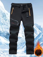 Men's Warm Cargo Pants with Zippered Pockets - Olive Green, Black, and Yellow Accents, Ideal for Winter Outdoor Activities and Casual Wear with Belt