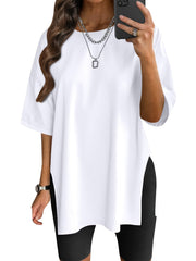 3pcs Oversized Women'S Loose Top Round Neck Casual Basic Shirt Fashion Side Slit Loose Short Sleeve T-Shirt