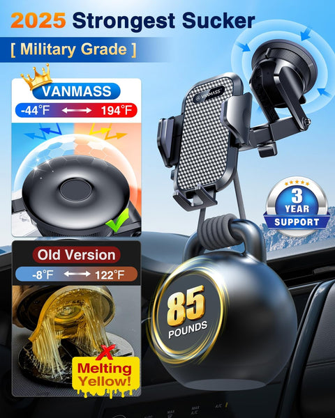 VANMASS 【New Upgrade BEST】 Car Phone Holder 【Ultimate Version True Military-Grade】 Mobile Cell Mount Windscreen Dashboard Vent Van Automobile Cradle for Iphone 16 15 14 13 Samsung All Smartphones