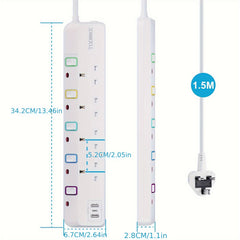 Toomke UK Plug Power Strip with 4 UK Sockets & 2 USB-A/1 USB-C Ports, 13A 3250W Heavy-Duty Extension Cord, Mountable Switched Outlet (1.5m) - Plug-in for /Office, PC, Appliances