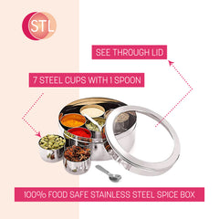 Masala Dabba (Spice Box) | Authentic Indian Style Stainless Steel Masala Dabba | with 7 Removable Compartments & 2 Spoons | See through Lid |