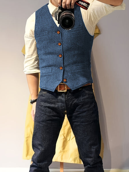 Men'S Vest Wool Blend Herringbone Vintage Men'S Fashion Vest, Groom Best Man Formal Wedding Party Casual Vest