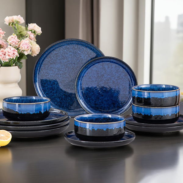 12pcs Reactive Glaze Dinnerware Set With Dinner Plate, Dessert Plate, And Cereal Bowl, Service For 4