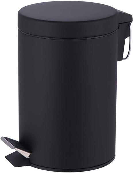 3L Pedal Bin Round Matt Black - Stainless Steel Pedal Bin with Lid - Household Rubbish Bin for Bathroom, Kitchen & Office - Rustproof Dustbin with Removable Plastic Container - Garbage