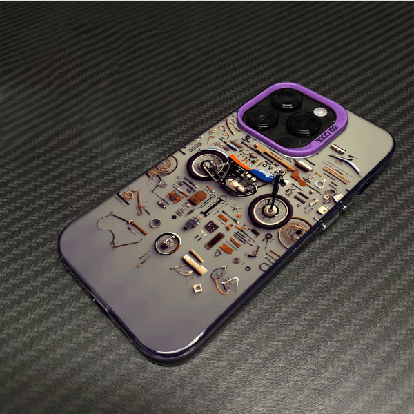 Phone Case - A Colorful Silver Phone Case Featuring a Retro Motorcycle Parts Disassembled Art Design, Compatible with Various for Iphone Including for Iphone 17 Pro Max, 16, 15, 14, 13, 12, And 11 Series, Designed to Be Stylish And Anti-Fall