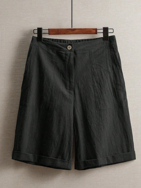 Women'S 100% Linen High Waist Shorts, Elastic Waist Button Front Loose Casual Bermuda Shorts for Daily Commute & Summer Vacation