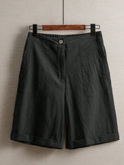 Women'S 100% Linen High Waist Shorts, Elastic Waist Button Front Loose Casual Bermuda Shorts for Daily Commute & Summer Vacation