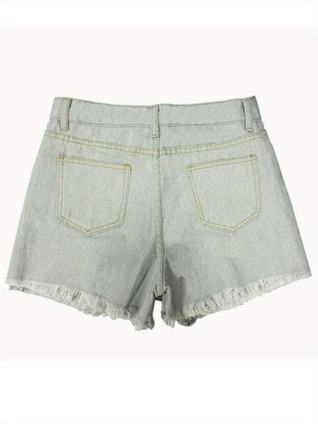 Women'S Retro Fringed Denim Shorts Hole High-Waisted Short Pants Jeans