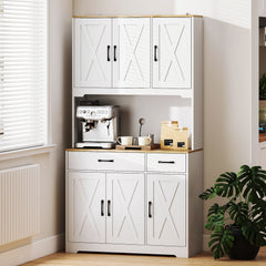 175 cm Tall Kitchen Pantry Cabinet with Microwave Stand, Farmhouse Kitchen Hutch, Freestanding Pantry Cupboard with 2 Drawers, 2 Adjustable Shelves and Cable Management, White