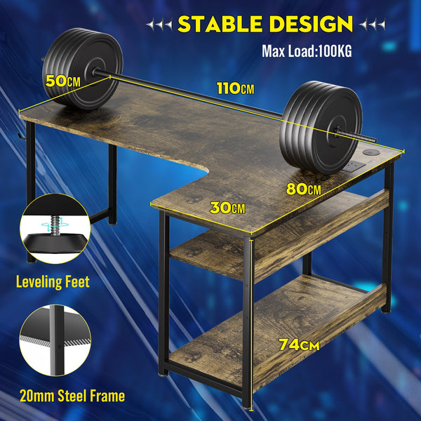 L Shaped Gaming Desk with Power Outlets Corner Computer Desk 110x80CM with Shelves Headphone Hook PC Table Workstation for Home Office Bedroom