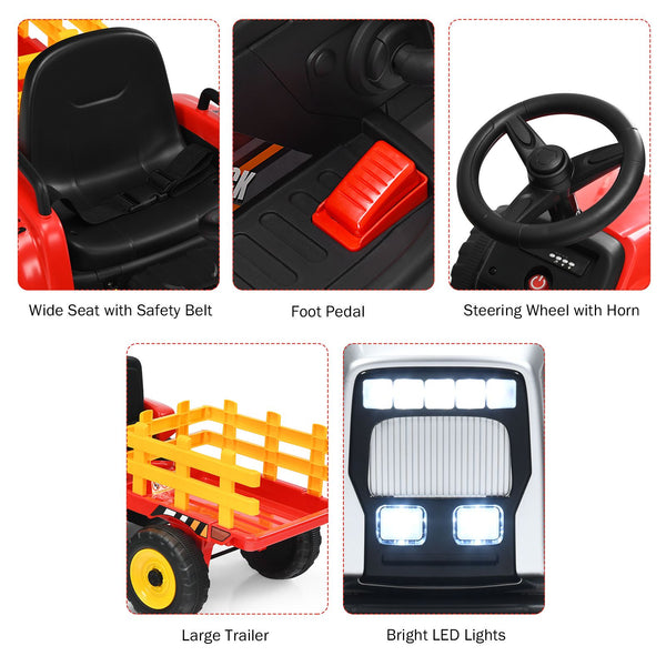 12V Kids Ride on Tractor with Trailer Music and LED Lights