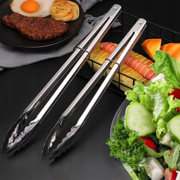 Universal Kitchen and Grill Tongs Set of 2 Pieces, Large and Small, Made of High-Quality Stainless Steel, Lengths 22 cm and 17.5 cm, Ergonomic Handles, Resistant to High Temperatures, Corrosion, and Damage, Ideal for Frying, Grilling, Serving, and Food Pr