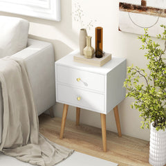 GYMAX Nightstand, Mid-century Modern Bedside Table with 2 Drawers, End Table with Solid Wood Support Legs for Small Spaces, Versatile in Living Room Bedroom, White
