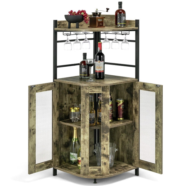 GOFLAME Corner Bar Cabinet Industrial Wine Buffet Cabinet with Glass Holder Mesh Doors