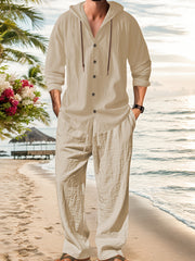 Men's Fashion Lightweight Linen Long Sleeve Hoodie + Pants Set, Solid Color, Versatile Moisture-Wicking Quick- Non-Stretch Fabric, Regular Fit with Drawstring Details, Ideal for Beach, Outdoor Leisure, Vacation, Parties, Straight-Leg Design, Machine