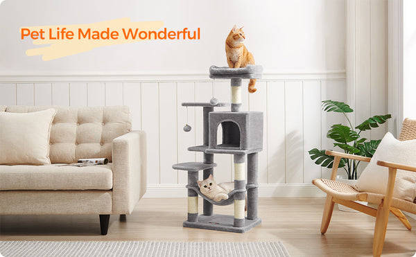 112 cm Cat Tree, Multi-Level Soft Plush Cat Tree, Cat Tower Condo with 4 Cat Scratching Posts, Hammock, Cave, Platform, Toys, Pink/White/Beige/Grey, Easy Assembly and Sturdy, Indoor Cat Furniture