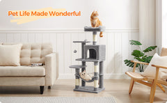 112 cm Cat Tree, Multi-Level Soft Plush Cat Tree, Cat Tower Condo with 4 Cat Scratching Posts, Hammock, Cave, Platform, Toys, Pink/White/Beige/Grey, Easy Assembly and Sturdy, Indoor Cat Furniture