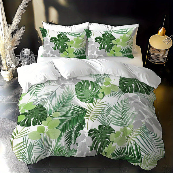 Monstera Green Bedding Set with Digital Printed Duvet Cover And Pillowcases