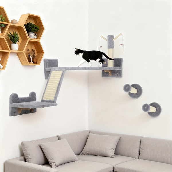 Pet Wall Furniture, 3pcs Cat Shelves with Scratching Posts, Scratching Pads, Perches, Cat Wands, Toy Balls, Corner Design Cat Wall Shelves for Indoor Cats, Kittens, Light Grey