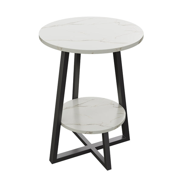 Marble Effect Round Small Coffee Tea Table 2 Tier White Grey Sofa Side Tables Living Room Bedroom Corner Plant Pot Stand Flower Pot Holder Display Shelf Metal Base