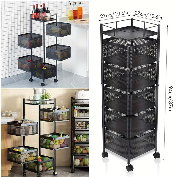 6 Tier Kitchen Rotating Storage Trolley Cart Utility Vegetable Mobile Shelf Rack