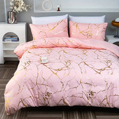 1set Pink High-end Bronzing Gilt Marble Bed Duvet Cover and Pillowcase Set, Soft and Comfortable Bedding Three-piece Set for All Seasons, 200*200cm / 220*230cm