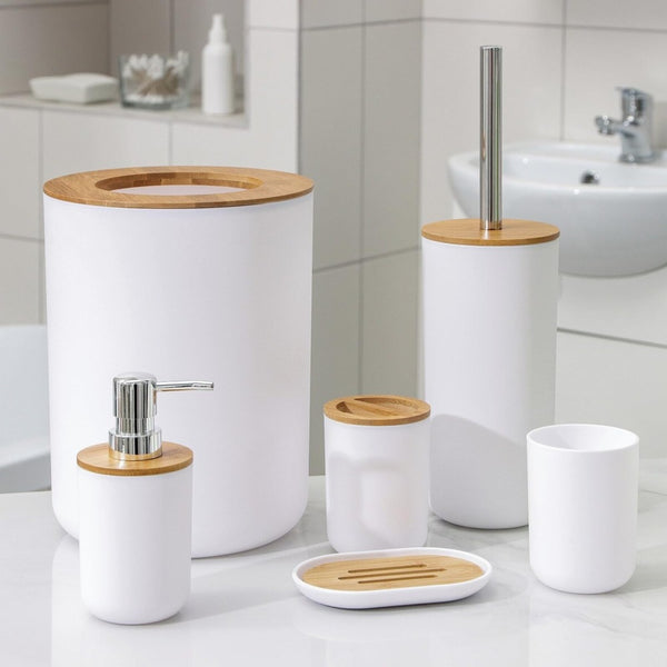6pc Grey Black White Bathroom Accessories- Bathroom Bin And Toilet Brush Set- Durable Toothbrush Holder Cup- Soap Dispenser With Pump- Soap Dish Holder