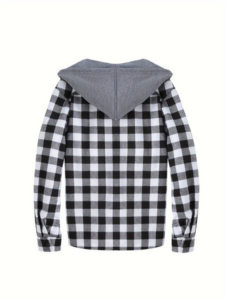 2pcs Men's New York Fashion Trendy Plaid Shirt Hoodie, Plaid Pullover Sweatshirt Flannel Hoodie