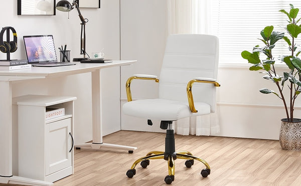 Costoffs Mid Back Office Chair with Gold Frame PU Leather Office Executive Chair with Adjustable Seat Height