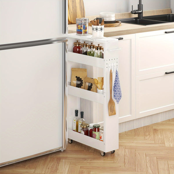 4-Tier White Rolling Storage Cart – Carbon Steel Slim Design with Wheels for Kitchen, Bathroom & Laundry Room Organization, Spice Rack & Condiment Storage, Compact Mobility for Narrow Spaces