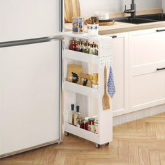 4-Tier White Rolling Storage Cart – Carbon Steel Slim Design with Wheels for Kitchen, Bathroom & Laundry Room Organization, Spice Rack & Condiment Storage, Compact Mobility for Narrow Spaces