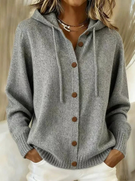 Drawstring Hooded Button Front Cardigan with Side Pockets