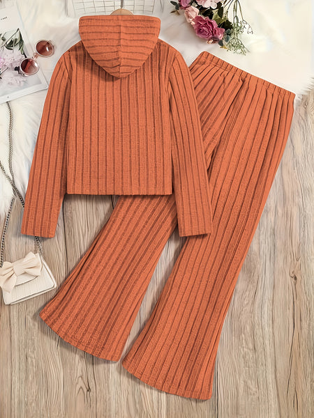 A Set of Women's Ribbed Letter Applique Hoodie and Flared Pants