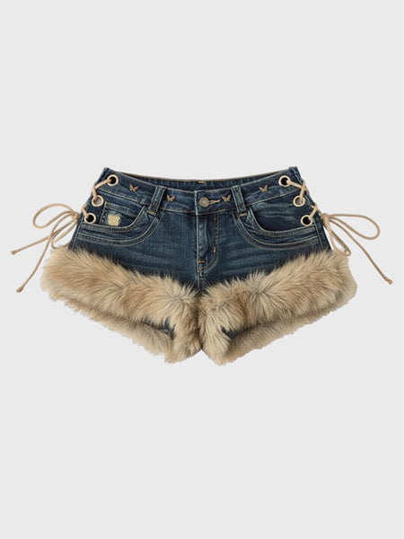 2026 New Y2K Millennial Spicy Jeans, American High Street Fuzzy Patchwork, Low Waist Hot Pants, Trendy for Autumn Winter Wear