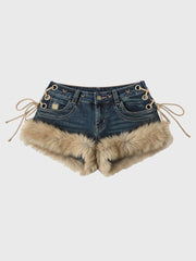 2026 New Y2K Millennial Spicy Jeans, American High Street Fuzzy Patchwork, Low Waist Hot Pants, Trendy for Autumn Winter Wear