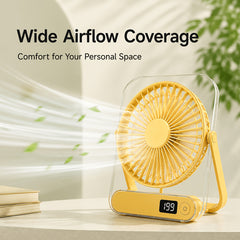 Ultra-Quiet USB Rechargeable Desk Fan with 5000Mah Battery 5 Speeds, Foldable 180° Design, Digital Power Display, Portable And Lightweight, Ideal for Home, Office, Travel, Road Trips, Outdoor Activities Strong, Refreshing Breeze Anytime
