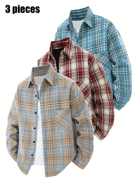 3pcs Set - Men'S Spring/Autumn Collared Checkered Shirt Youth Outdoor Casual Trendy Top Men'S Fashion Versatile Jacket