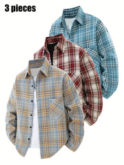 3pcs Set - Men'S Spring/Autumn Collared Checkered Shirt Youth Outdoor Casual Trendy Top Men'S Fashion Versatile Jacket